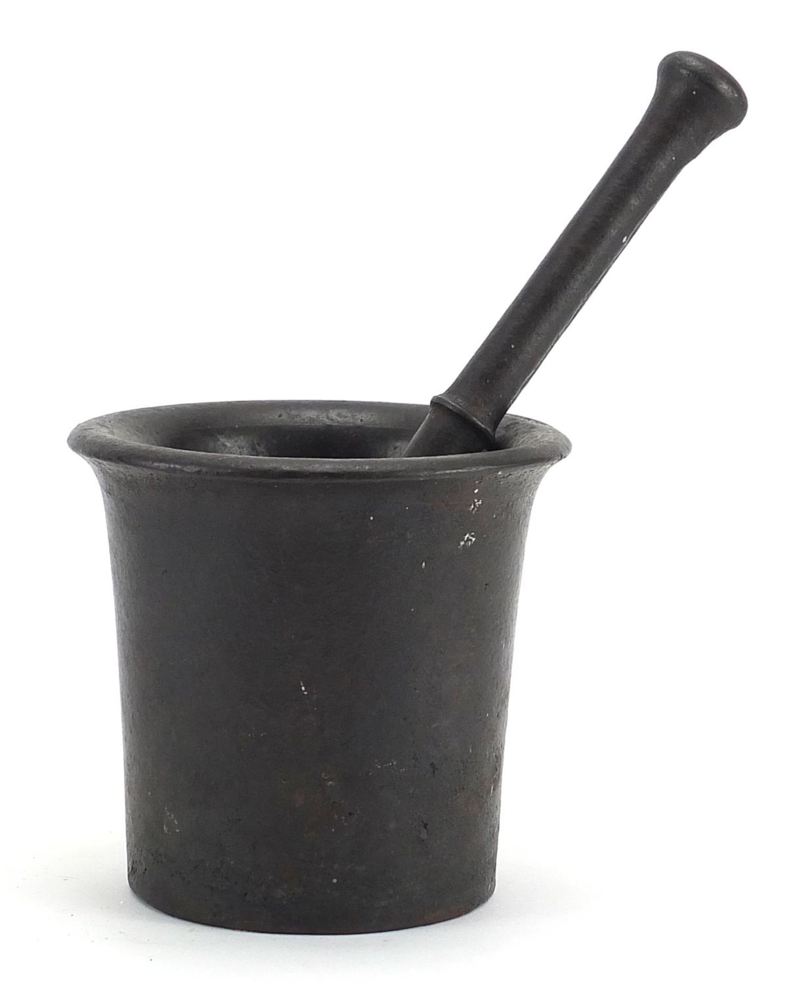 Antique bronzed pestle and mortar, the mortar 12cm high