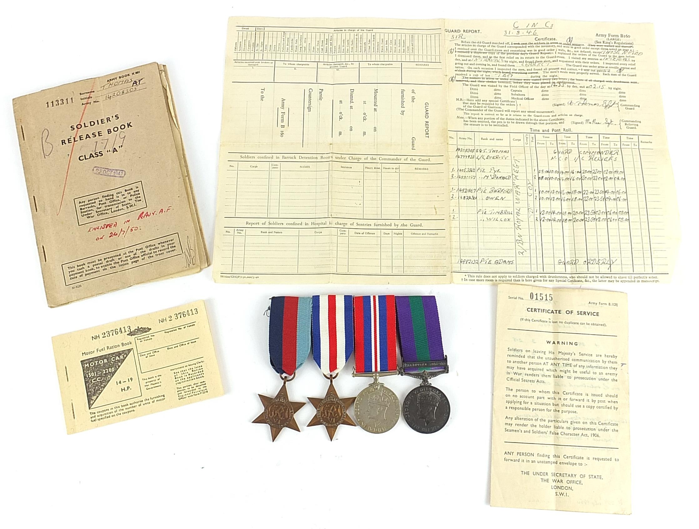 British military World War II four medal group relating to Private A T Thomas including George VI