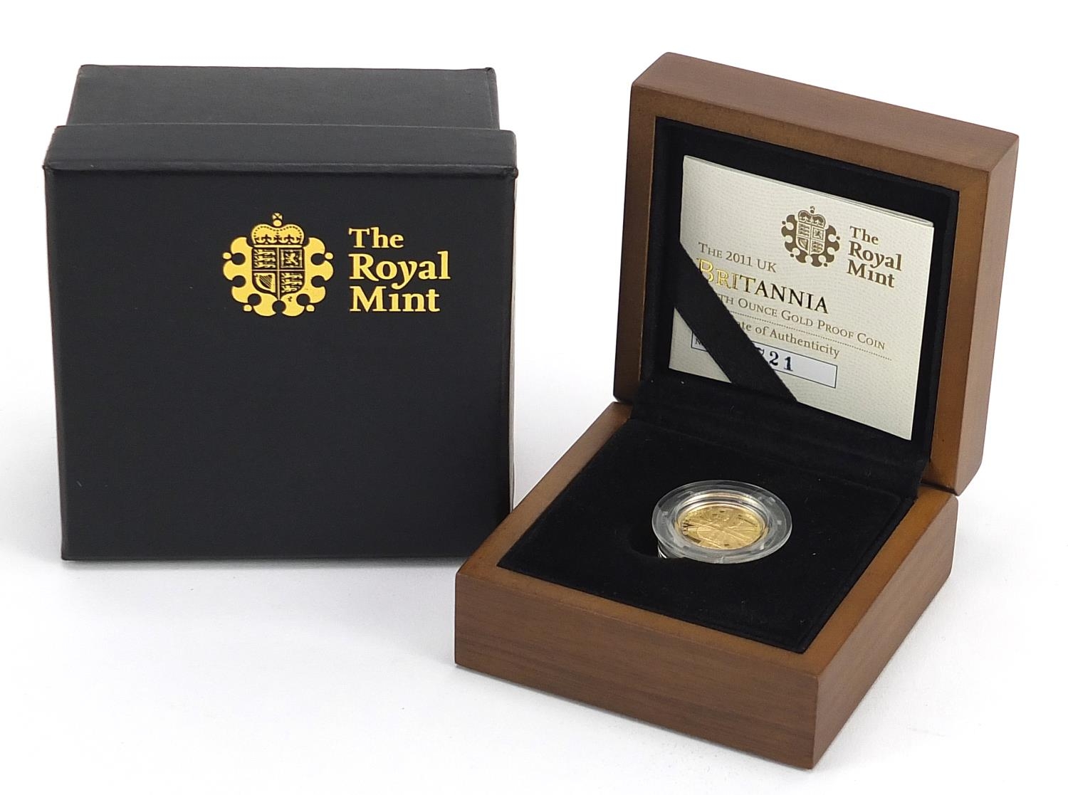 Elizabeth II 2011 Britannia 1/10 ounce gold proof coin with certificate numbered 721, case and box