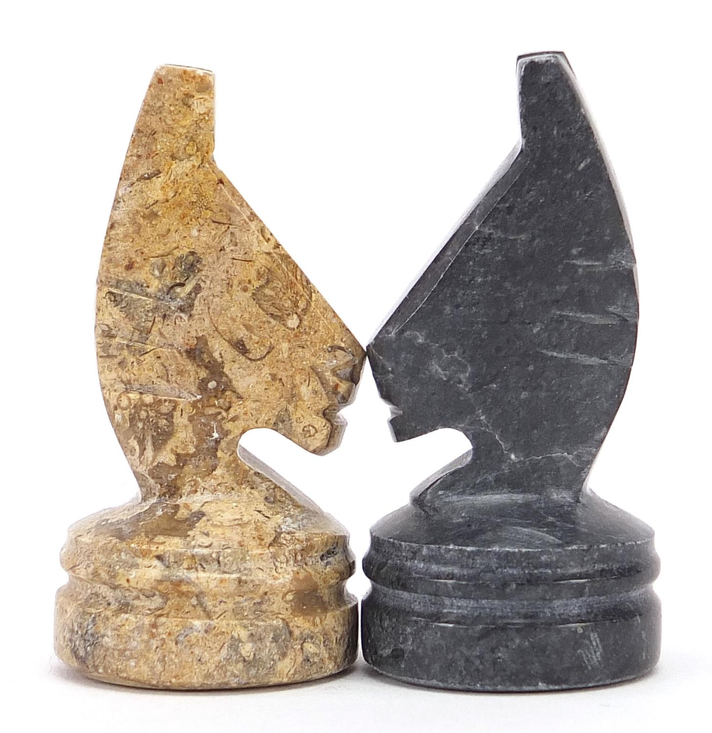 Carved stone chess set with inlaid marble board, the largest pieces each 6.5cm high, the board - Image 5 of 7