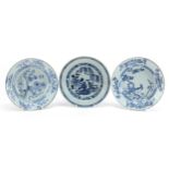 Three Chinese blue and white porcelain shallow bowls hand painted with flowers, each approximately