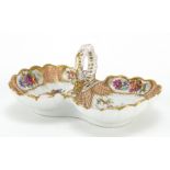 Meissen, German porcelain double shell salt hand painted with lovers and flowers, 10.5cm in length