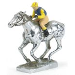 Vintage chrome plated car mascot in the form of a jockey on horseback with painted jockey, 13cm in