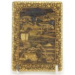 Japanese damascene card case decorated with boats in water before pagodas and Mount Fuji, 9.5cm x