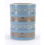 Chinese porcelain brush pot finely enamelled with bands of flower heads and foliage, six figure