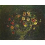 Flowers in a French jardiniere, impasto oil on canvas, label verso, unframed, 81cm x 65cm