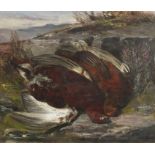 Two grouse before a landscape, oil on board, indistinctly signed, possibly Eric ...rle?, housed in