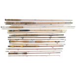 Eight vintage split cane fishing rods, some hexagonal including Kyoto Roos