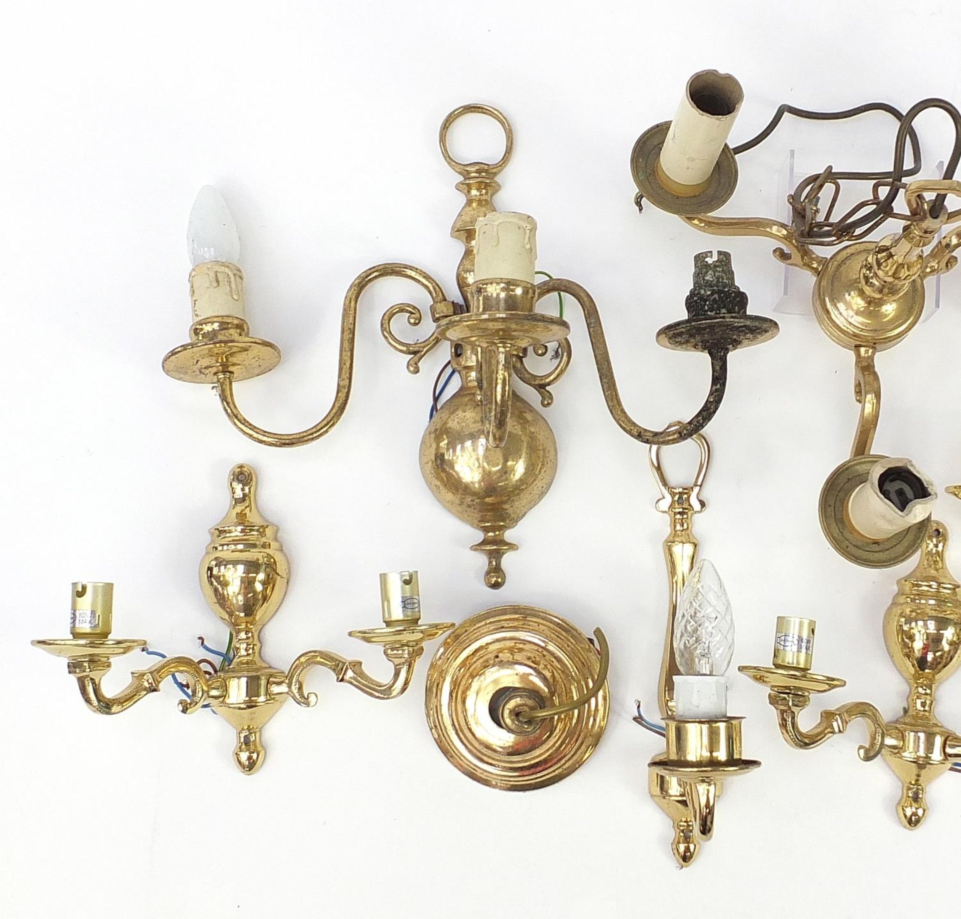 Seven brass wall sconces including a set of four and a three branch chandelier, the largest 30cm - Image 3 of 5