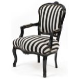 French style black painted elbow chair with black and white striped upholstery, 92cm high