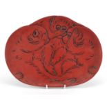 Chinese red cinnabar lacquer tray depicting three wise monkeys, 38cm wide