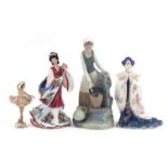 Four collectable figurines including Coalport Princess Turandot, Nao and a Dresden ballerina, the