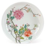 Chinese porcelain shallow dish hand painted in the famille rose palette with flowers, four figure