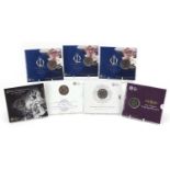 Seven Royal Mint commemorative uncirculated five pound coins, five sealed including Queen's