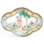Chinese cloisonne dish hand painted with ladies, trees, landscape and flowers, blue hand painted