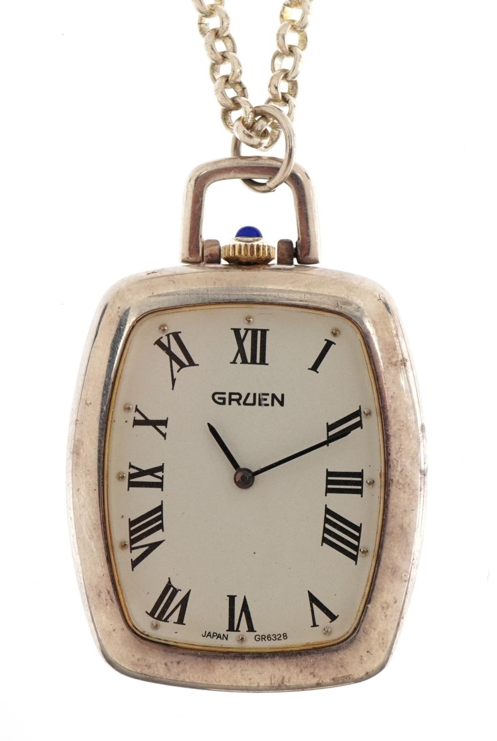 Gruen, gentlemen's open face pocket watch on a white metal necklace, 32mm wide, 49.2g