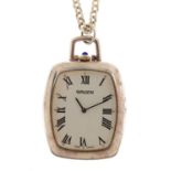 Gruen, gentlemen's open face pocket watch on a white metal necklace, 32mm wide, 49.2g