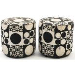 Pair of Johanson Design cylindrical stools with black and white geometric upholstery, 44cm high x