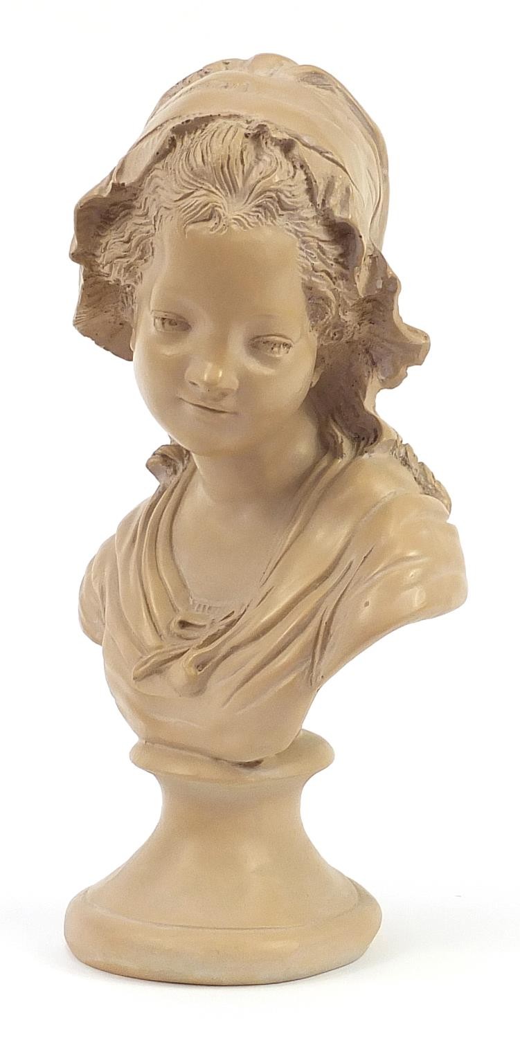 Decorative terracotta style bust of an Italian girl, 44.5cm high