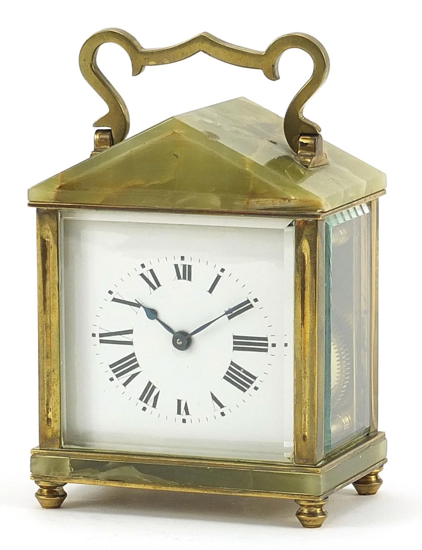 Green onyx and brass carriage clock, the enamelled dial having Roman numerals, 14cm high