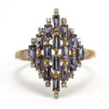 9ct gold diamond and purple stone cluster ring, size U/V, 3.4g