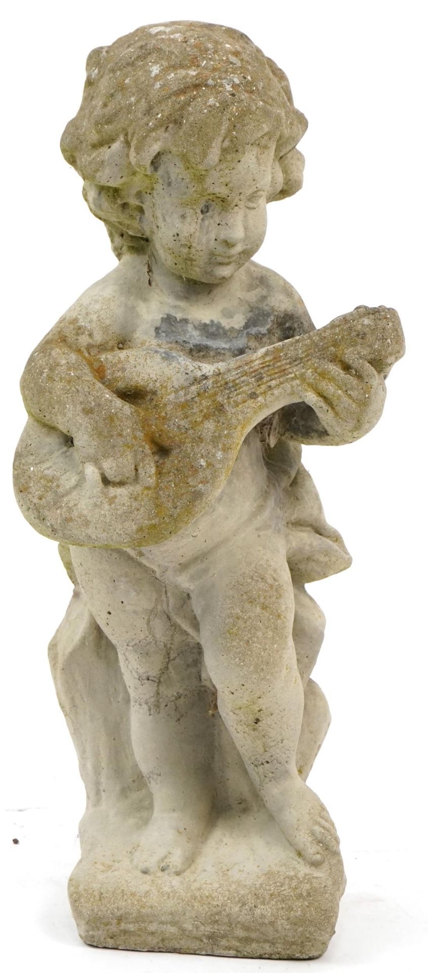 Stoneware garden figure of Putti with a mandolin, 56cm high