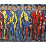 Footballers, oil on canvas, indistinctly signed, unframed, 73cm x 60cm