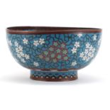 Chinese cloisonne bowl enamelled with prunus flowers, character marks to the base, 25cm in diameter