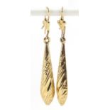 Pair of unmarked 9ct gold drop earrings, 4.2cm high, 1.1g