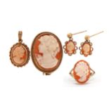 9ct gold cameo jewellery comprising brooch, pendant, ring and earrings, the largest 2.4cm high,