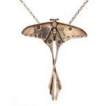 Large Modernist silver butterfly pendant on a silver Belcher link necklace, 10cm high and 60cm in