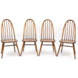 Set of four Ercol light elm Windsor stick back dining chairs, 97cm high