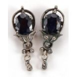 Pair of unmarked white gold sapphire and diamond drop earrings with screw backs, (tests as 9ct gold)