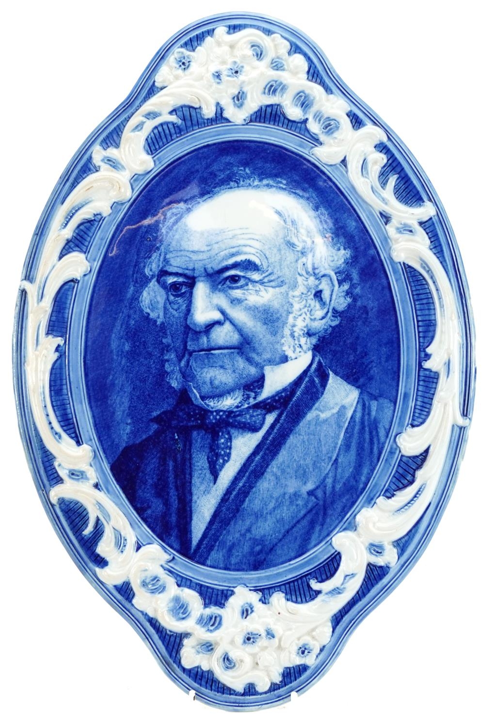 Royal Doulton style blue and white porcelain wall plaque of Gladstone, 39cm high