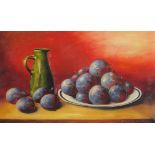 Still life fruit and vessels, Belgian school oil on canvas, indistinctly signed, possibly ...