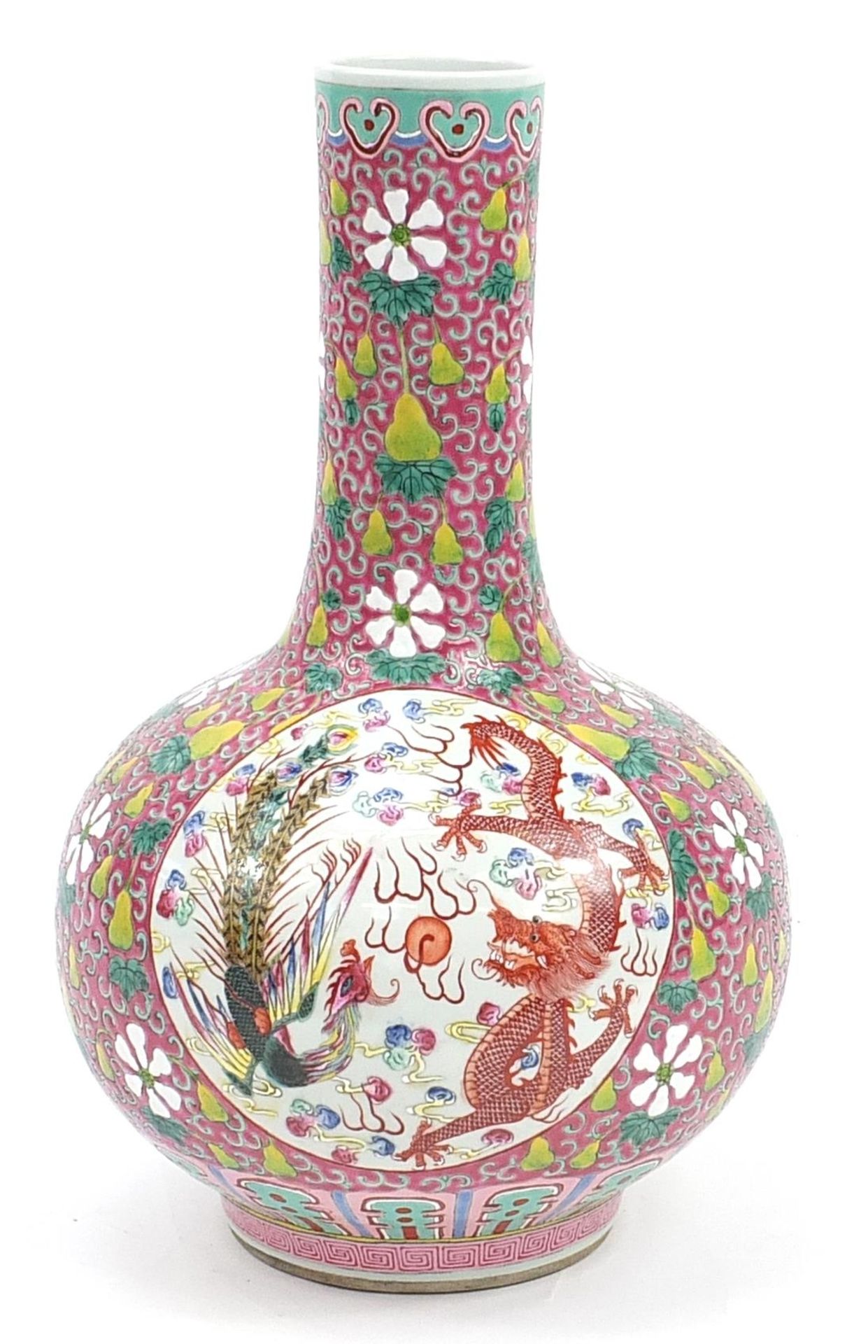 Large Chinese porcelain vase hand painted in the famille rose palette with dragons and phoenixes
