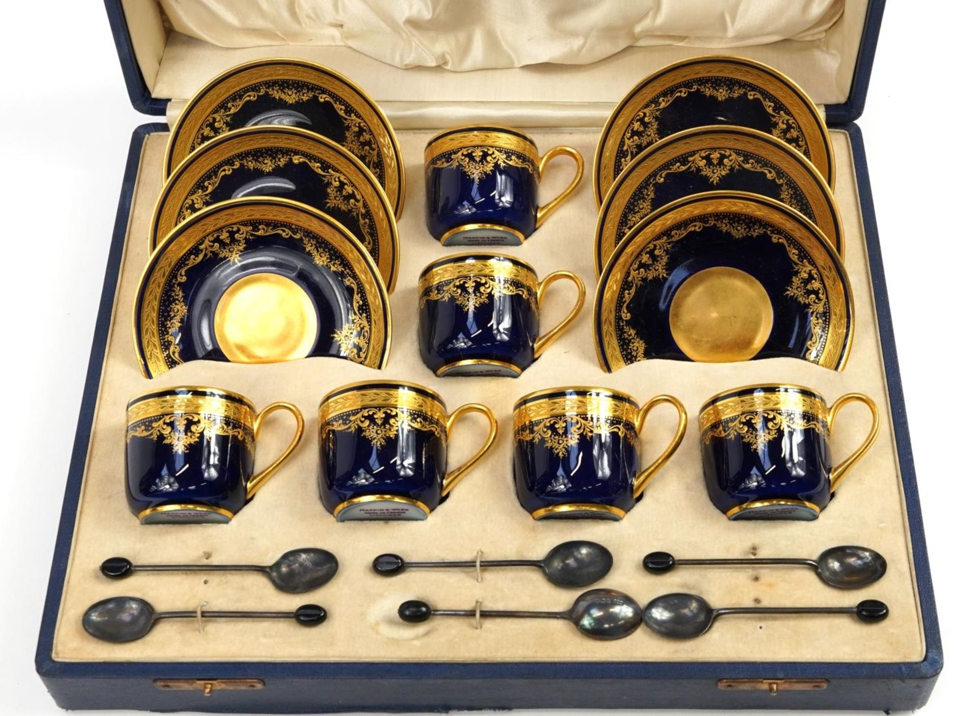 Set of six Limoges blue ground gilt decorated coffee cups and saucers retailed by Mappin & Webb - Image 2 of 6