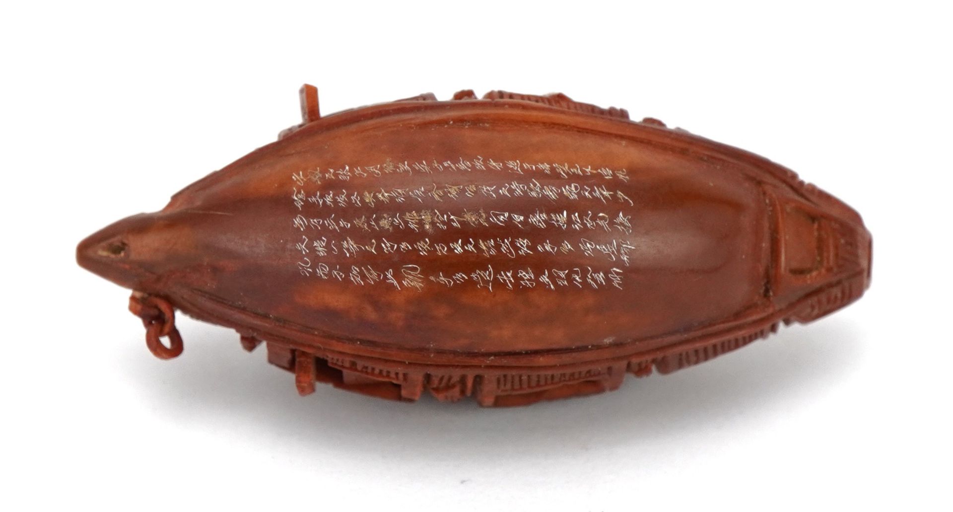 Good Chinese carved coquilla nut junk with opening windows and inscribed poem, raised on a - Image 8 of 9