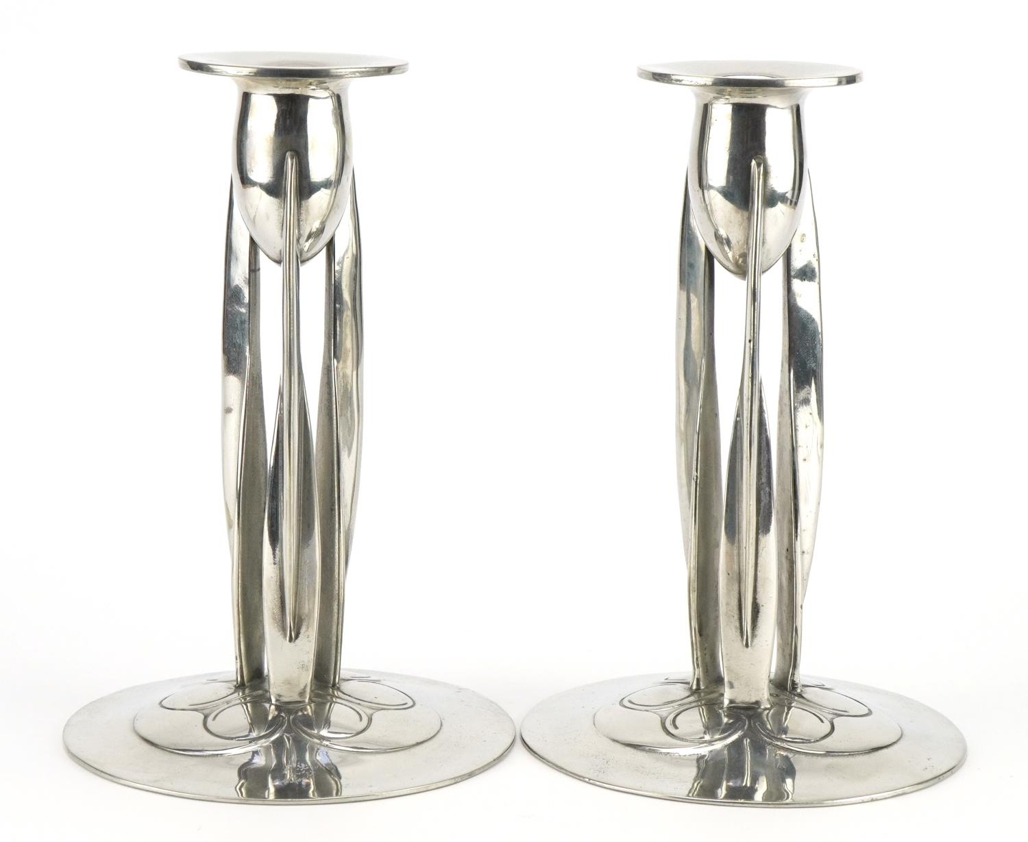 Archibald Knox for Liberty & Co, pair of Arts & Crafts English pewter candlesticks, impressed 0223 - Image 2 of 4