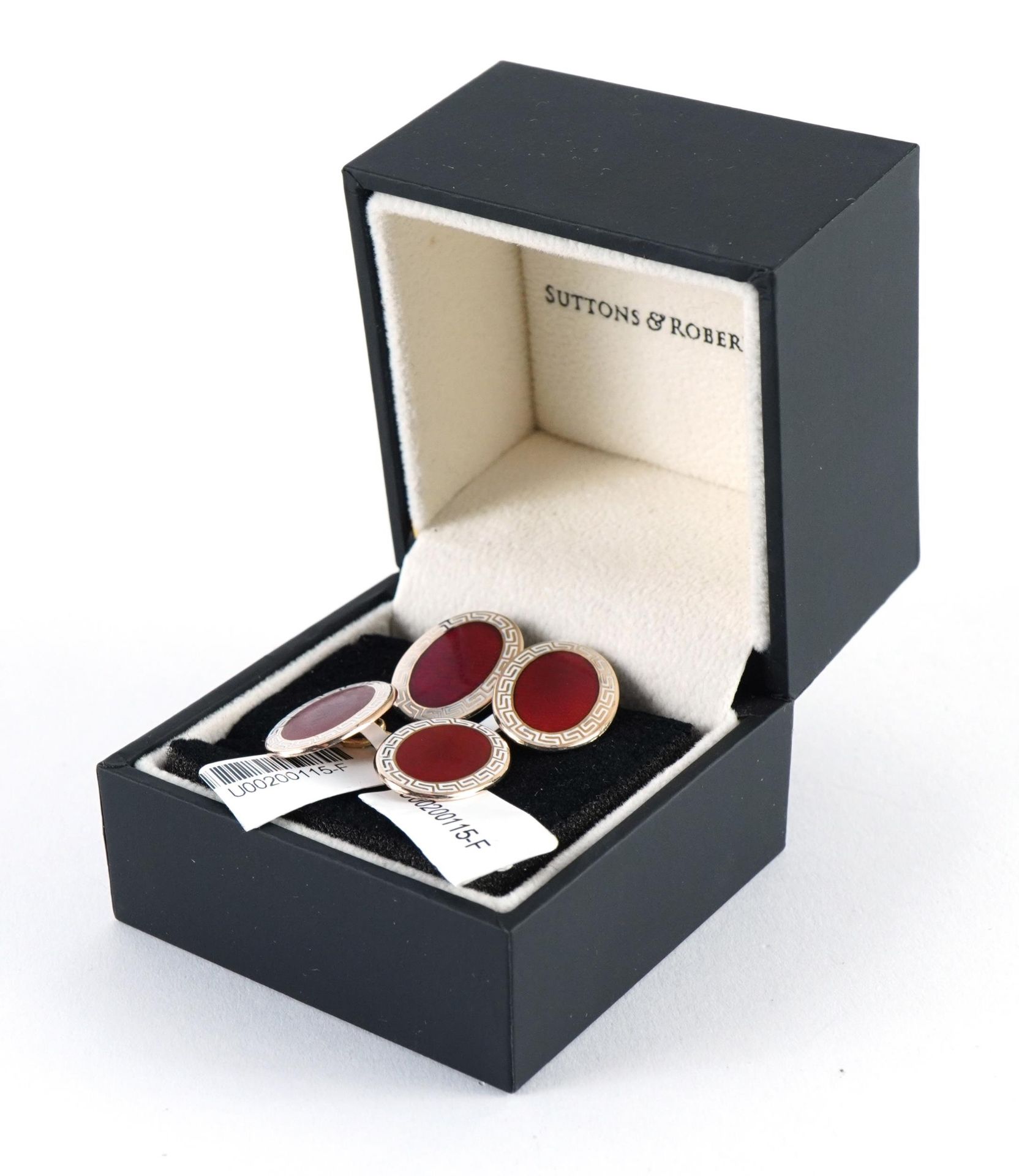 Pair of 9ct gold, red and white enamel cufflinks retailed by Asprey, housed in a Suttons & Robertson - Image 4 of 5