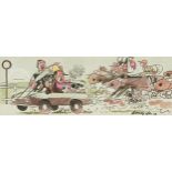 Figures in a vehicle and racehorses, 1970s comical cartoon illustration, indistinctly signed,