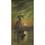 G Ward - Sailing boats on moonlit water, oil on canvas, framed, 60cm x 29cm excluding the frame