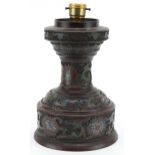 Japanese patinated bronze champleve enamel table lamp decorated with flowers, 25cm high