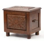 Art Deco oak coal box with liner carved with a Tudor rose, 40cm H x 44cm W x 33cm D