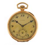 Longines, gentlemen's 14k gold open face pocket watch numbered 437099, 45mm in diameter, 66.2g