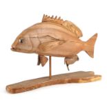 Clive Fredriksson, wooden carving of a piranha fish, 35cm high