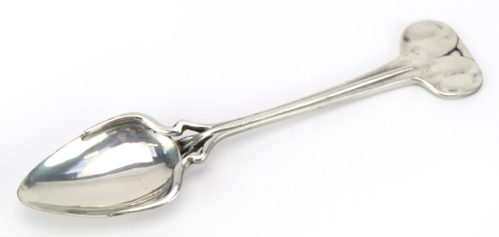 Archibald Knox for Liberty & Co, Arts & Crafts pewter spoon with love heart design terminal, 16.