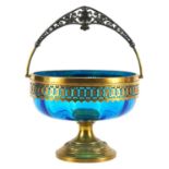 WMF, Art Nouveau blue glass pedestal bowl with swing handle and metal mounts, 15.5cm high