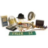 Sundry items including a vintage Tyler St metal sign, two fencing helmets, Pelham puppet with box