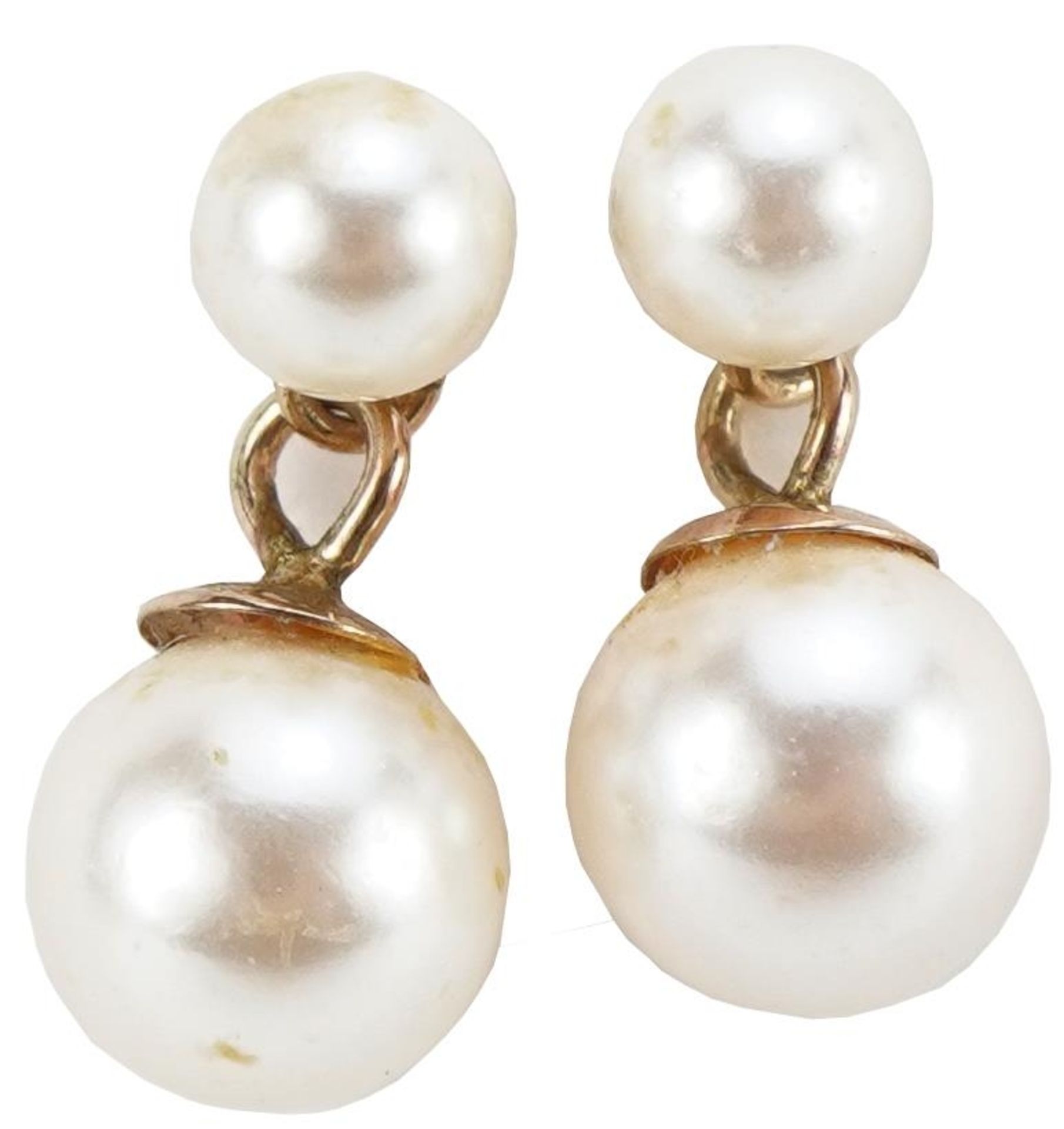 Pair of unmarked 9ct gold cultured pearl drop earrings, 1.5cm high, 1.4g